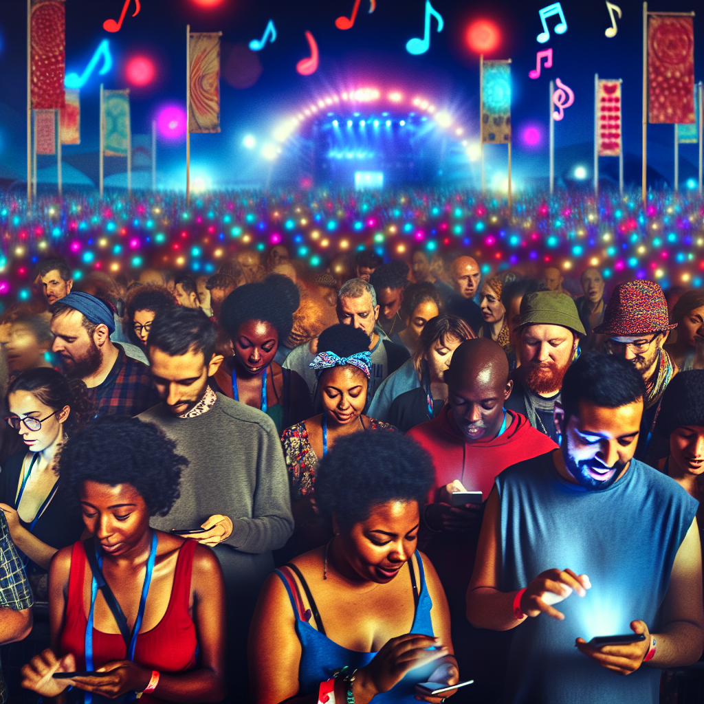 A vibrant crowd of event-goers using their smartph